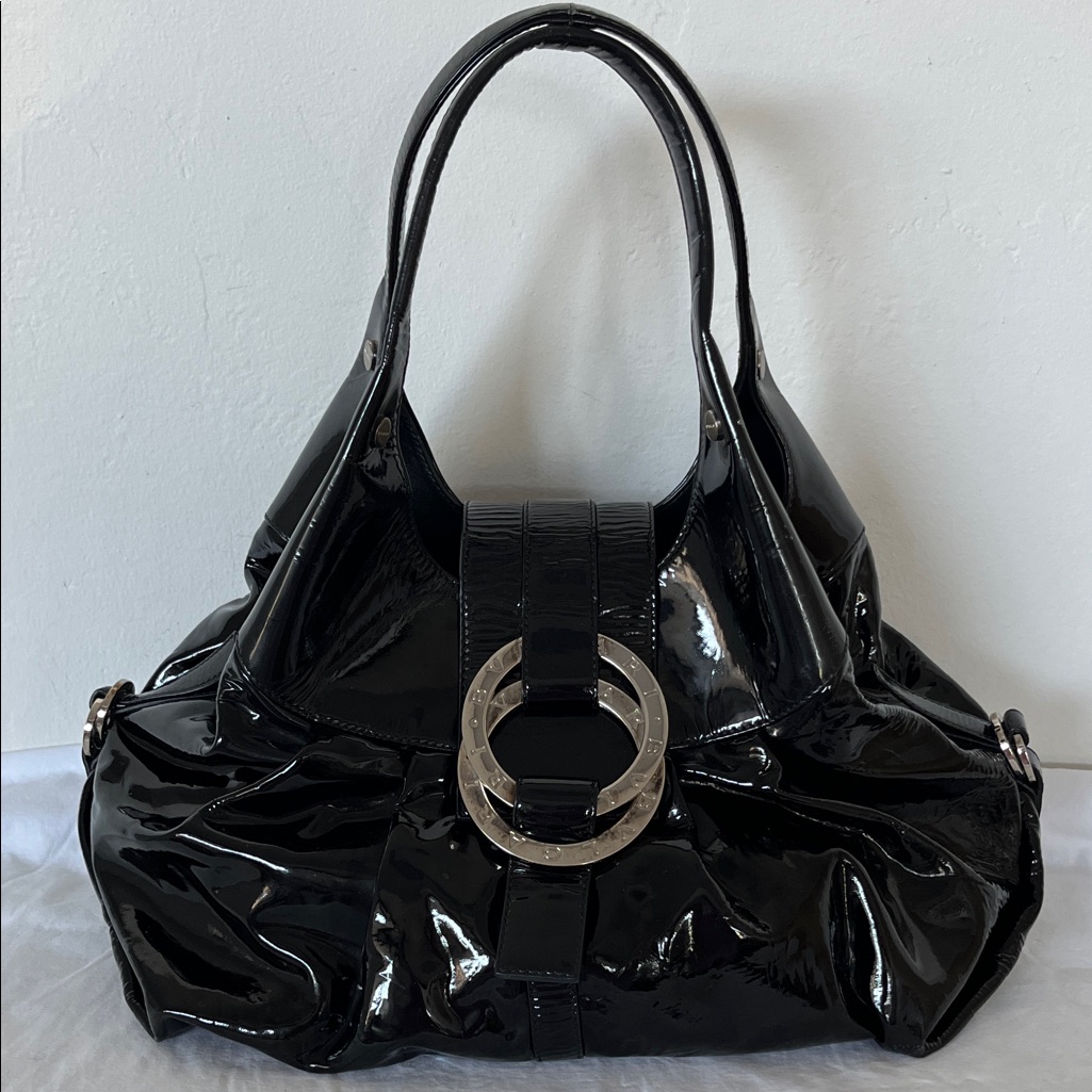 Bvlgari Black Patent Leather Shoulder Bag With Silver Hardware